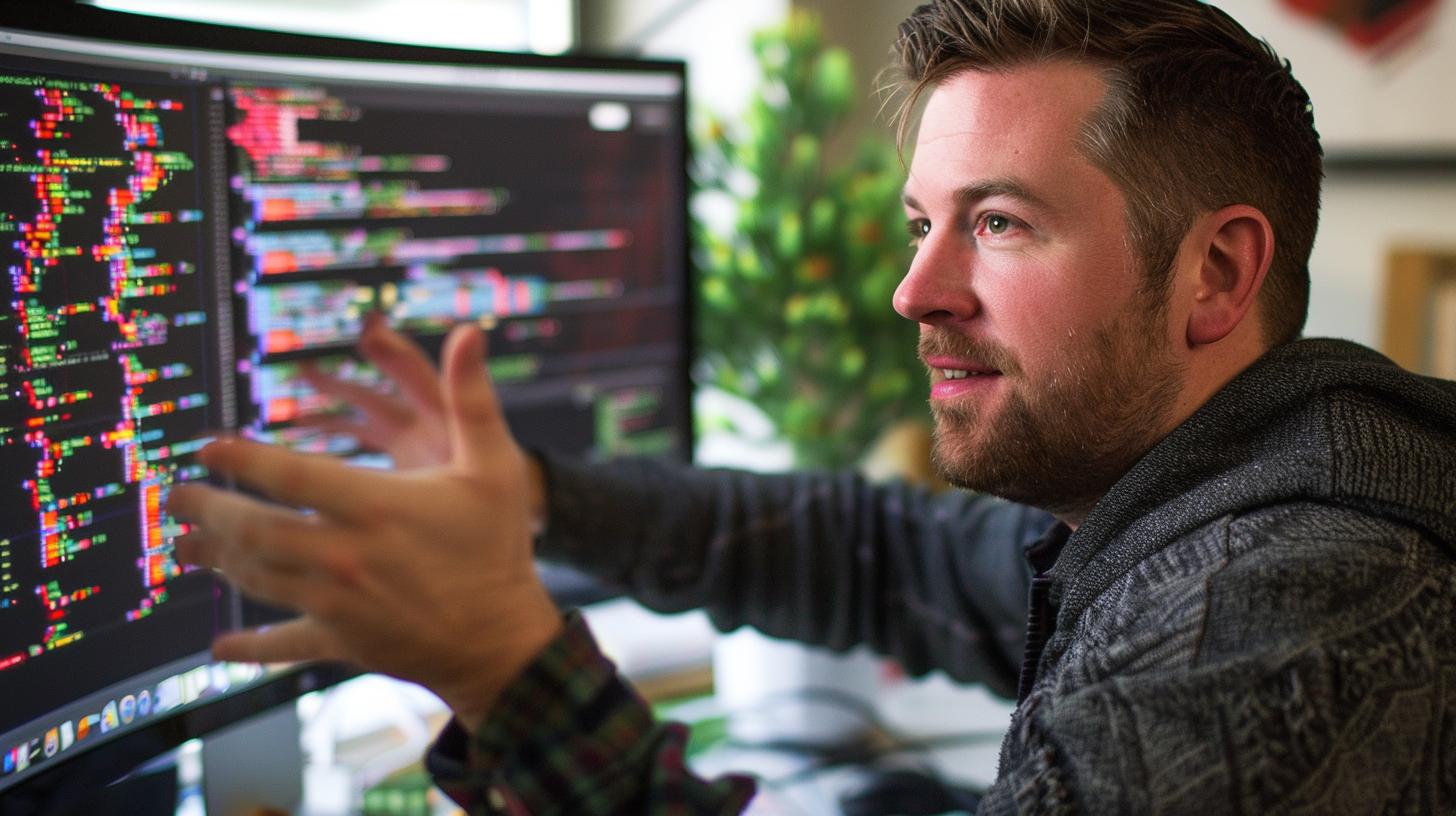 Man explaining code on multiple computer screens in an office setting