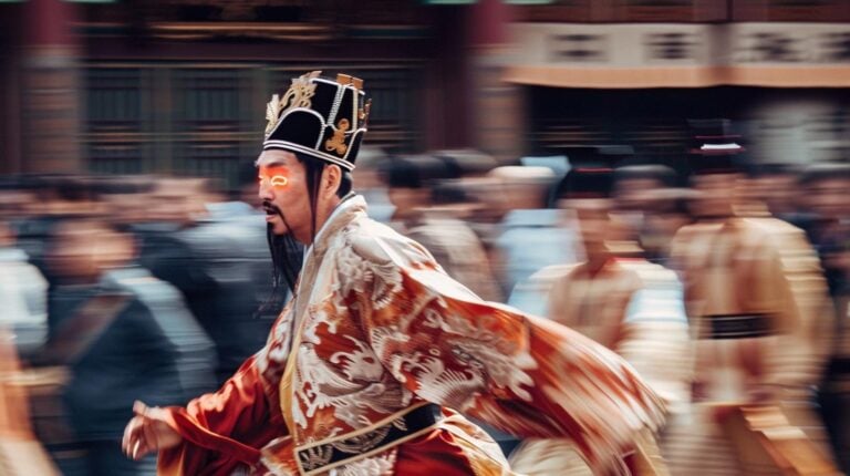 Man in traditional Asian royal attire during cultural parade with motion blur effect.