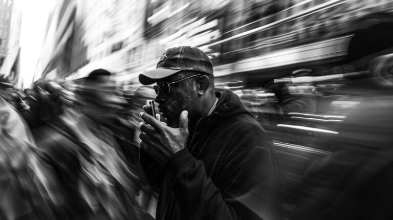 Man in cap and sunglasses focused on smartphone with blurred moving crowd and city backdrop in monochrome.