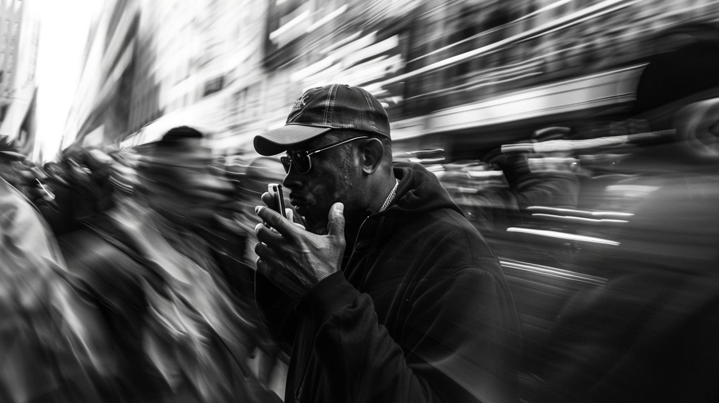 Man in cap and sunglasses focused on smartphone with blurred moving crowd and city backdrop in monochrome.
