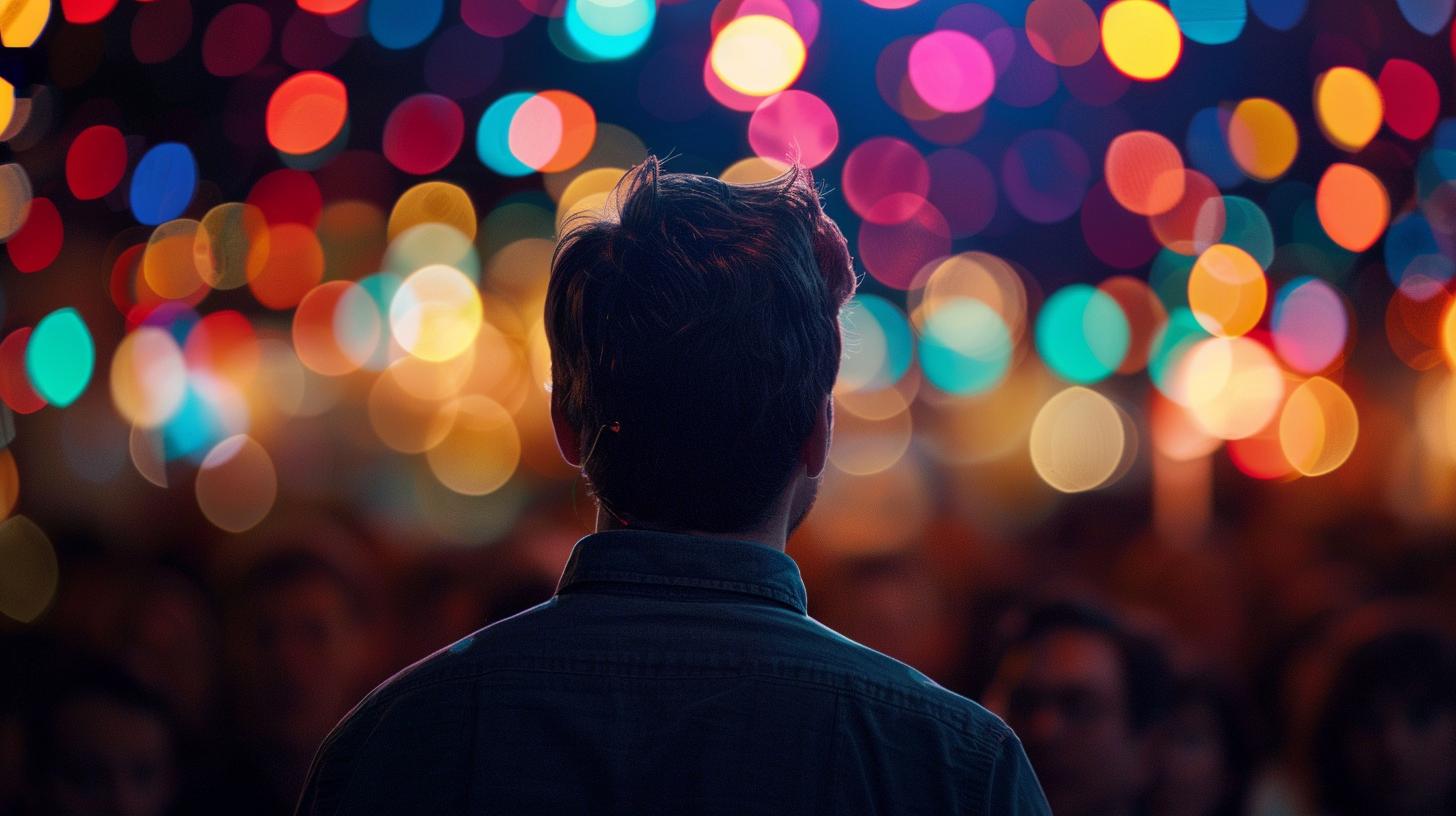 Man standing in front of a colorful bokeh light background at night event
