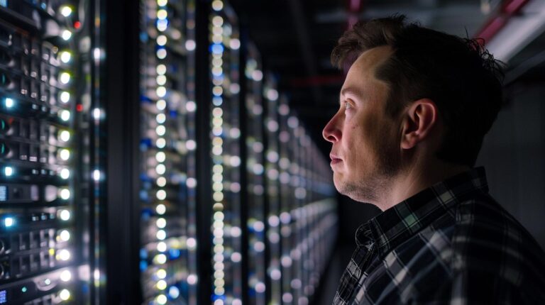 Man in a plaid shirt observing data center server racks with LED lights