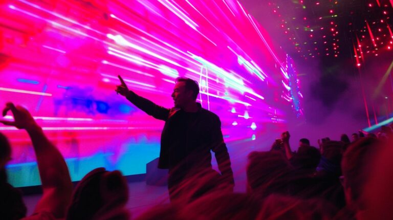 Man performing at a live concert with vibrant pink and blue stage lights and enthusiastic audience