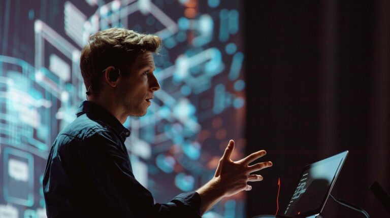 Man presenting at a tech conference with digital graphics in the background.