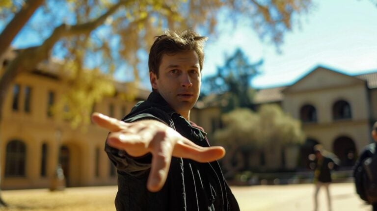 Man reaching out towards the camera with an extended hand in a sunny courtyard setting.