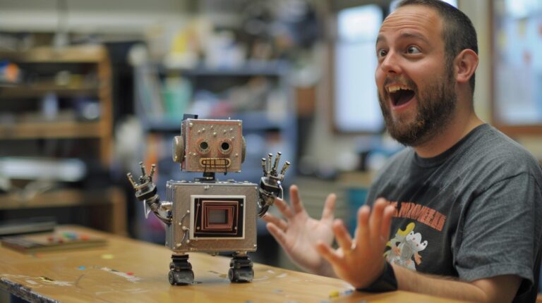 Man expressing surprise at a handmade robot on a table in a workshop setting.