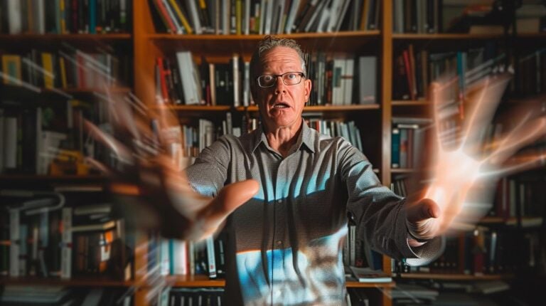 Man with surprised expression reaching out towards the camera in a library with bookshelves in the background.