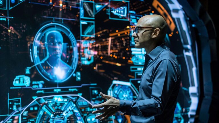 Man interacting with futuristic holographic interface technology