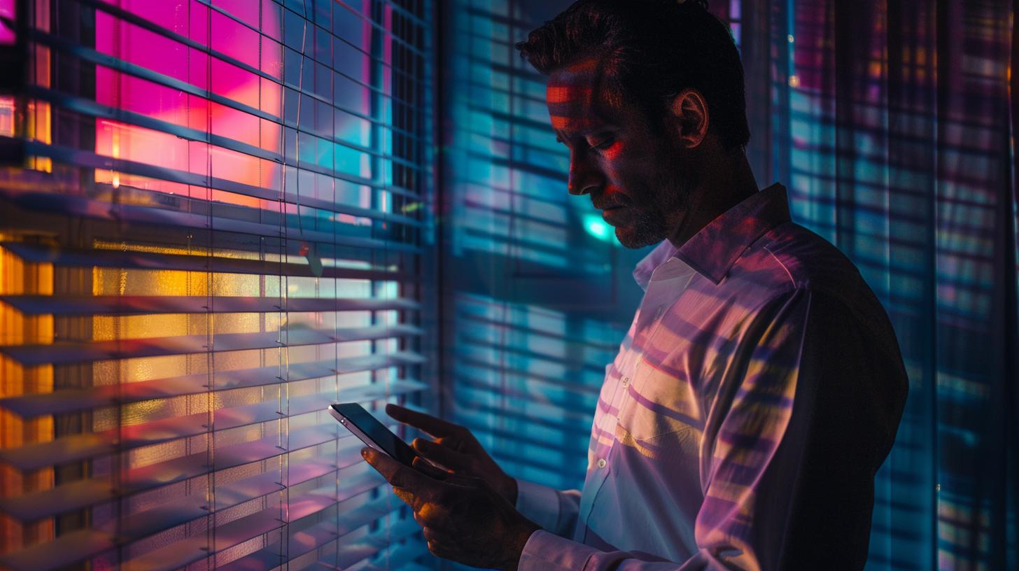 Man using smartphone by window with colorful neon lights at night
