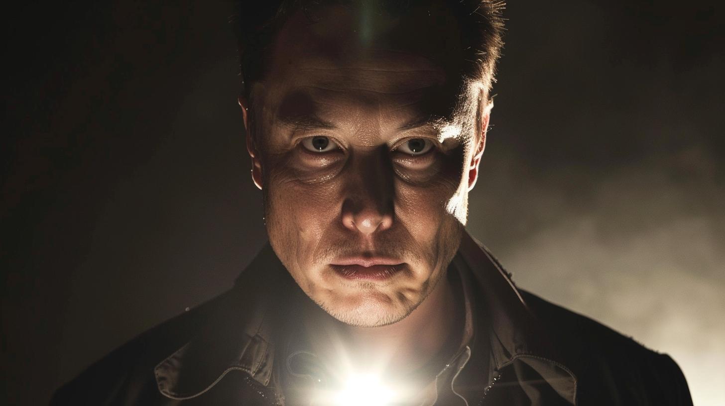 Man with intense expression looking into the camera with a headlamp on his forehead in a dark environment.