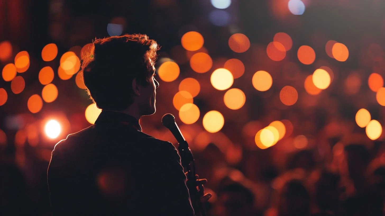 Man standing with microphone against blurred lights background