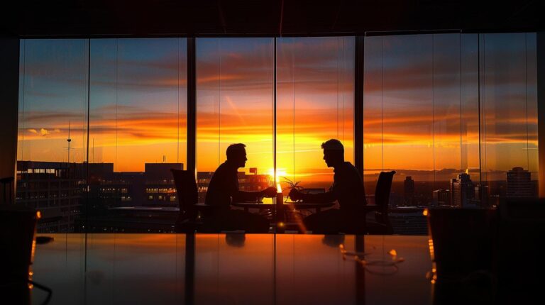 Two people having a meeting in an office with a city skyline sunset view.