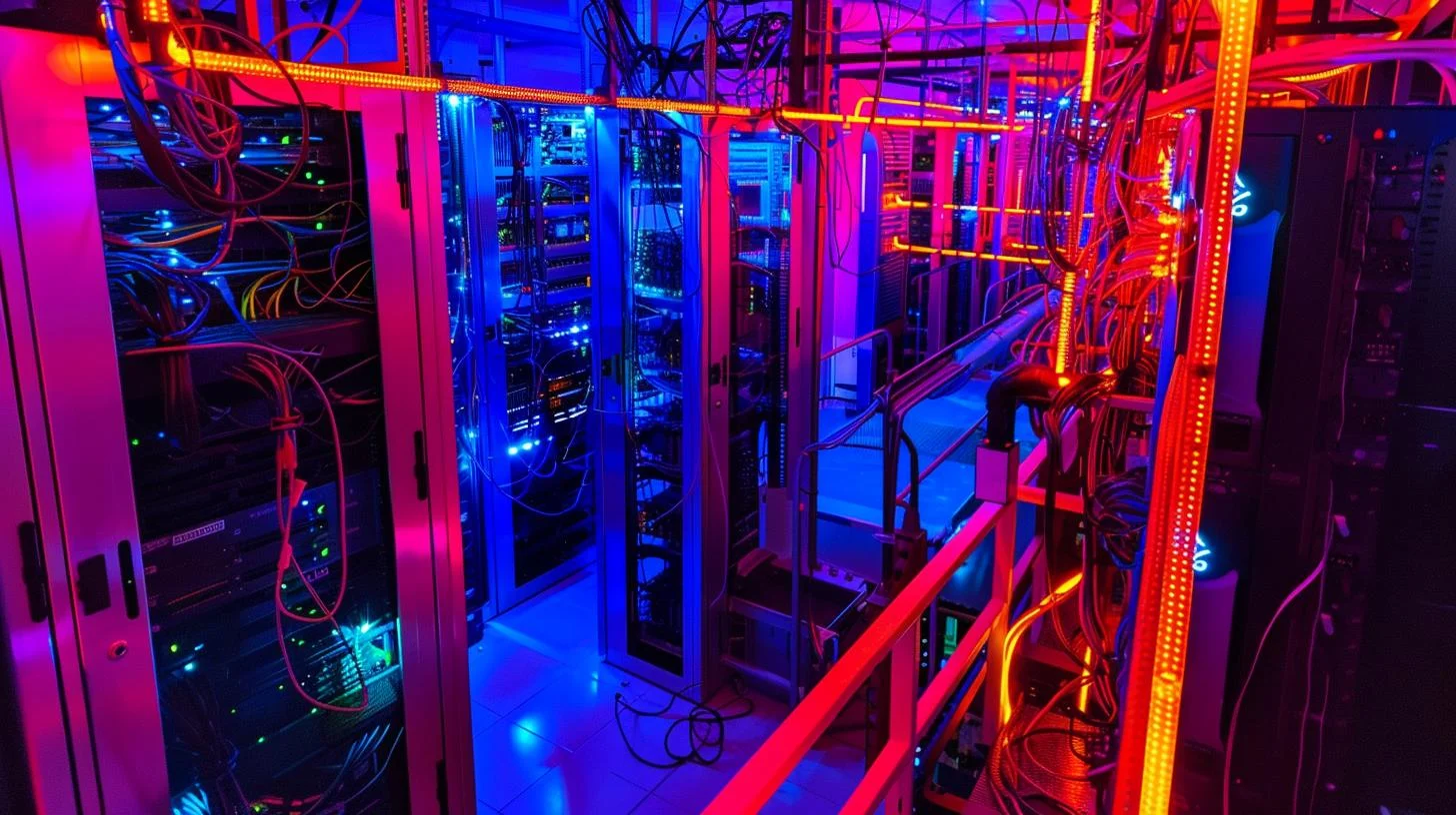 Modern data center with colorful LED lights showcasing server racks and network cables.