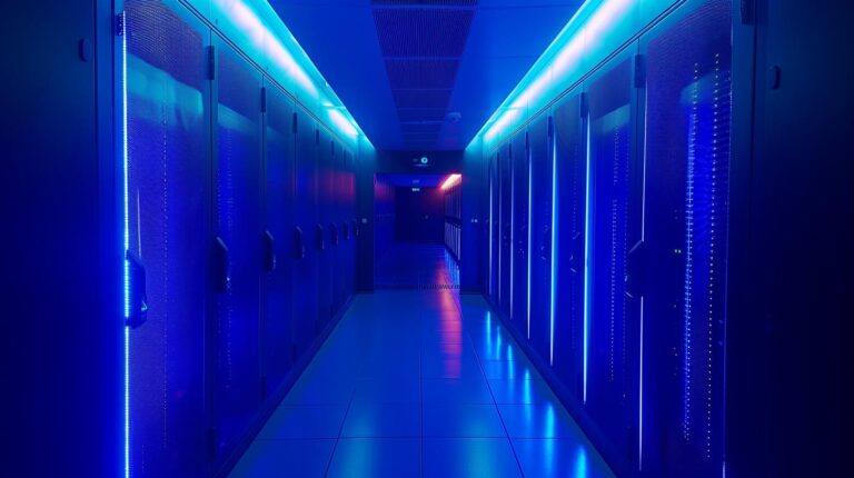 Modern data center room with blue LED lights