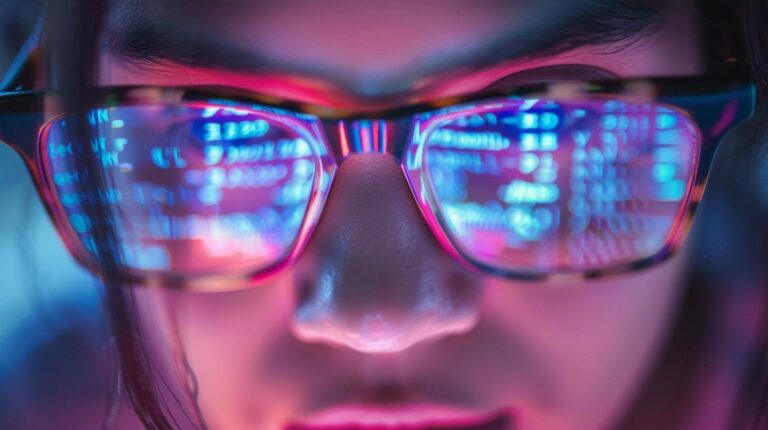 Close-up of a person with glasses reflecting neon lights with a digital screen effect.