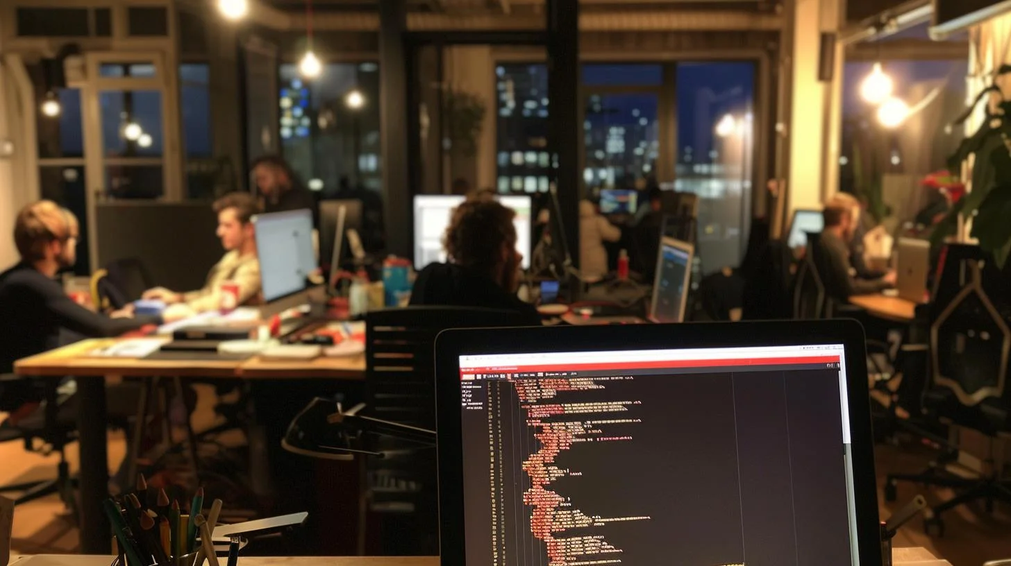 Office workspace with employees working on computers and coding on a laptop in the foreground at night.