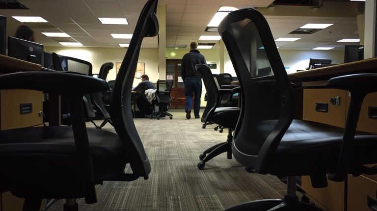 Office environment with employees at desks and ergonomic chairs in the foreground.