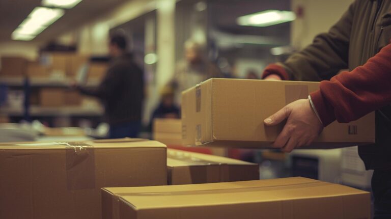 Person handling cardboard boxes in a busy warehouse environment.