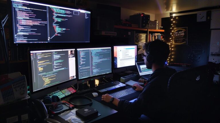 Programmer at a multi-monitor workstation with code on screens in a dark room with ambient lighting.