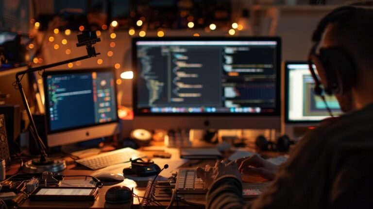 Programmer working in a tech-laden home office with multiple computer screens displaying code.