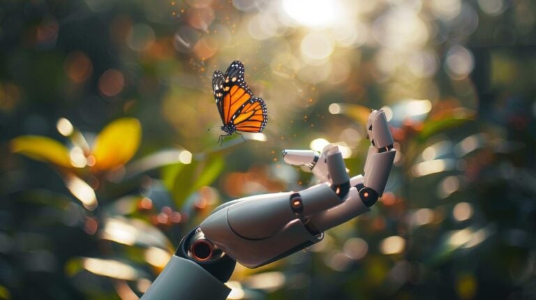Robot hand reaching out to a monarch butterfly in a sunlit garden