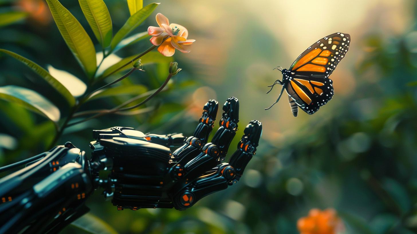 Robotic hand reaching towards a monarch butterfly on a flower with lush green foliage background.