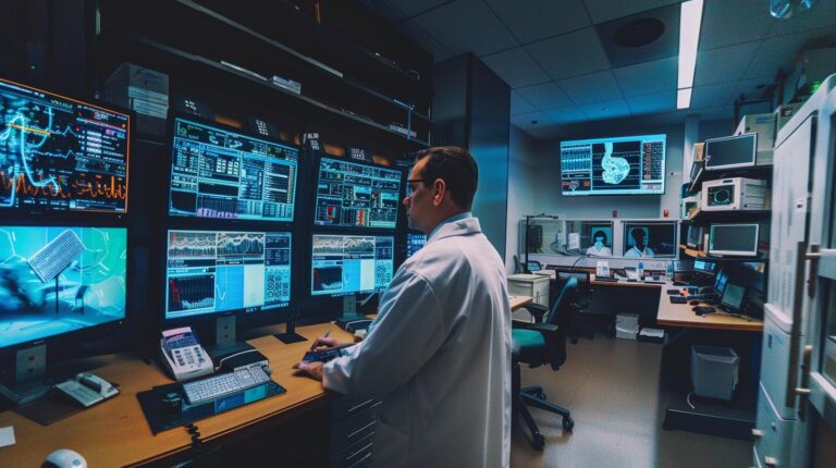 Scientist in lab coat analyzing data on multiple computer monitors in high-tech control room.
