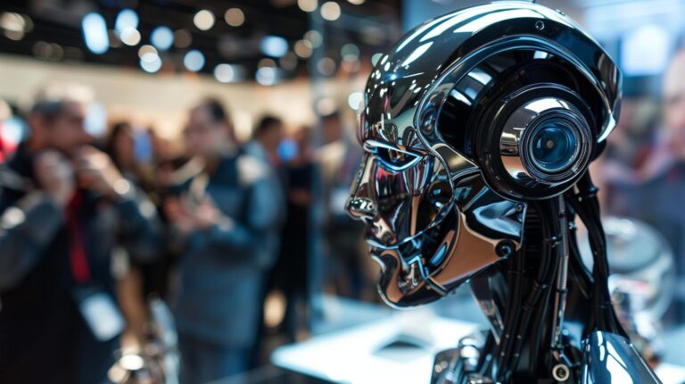 Shiny black humanoid robot head close-up with blurred audience in the background at a technology exhibition.