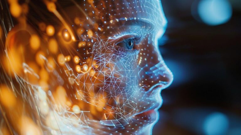Side profile of a person with futuristic digital face mapping overlay