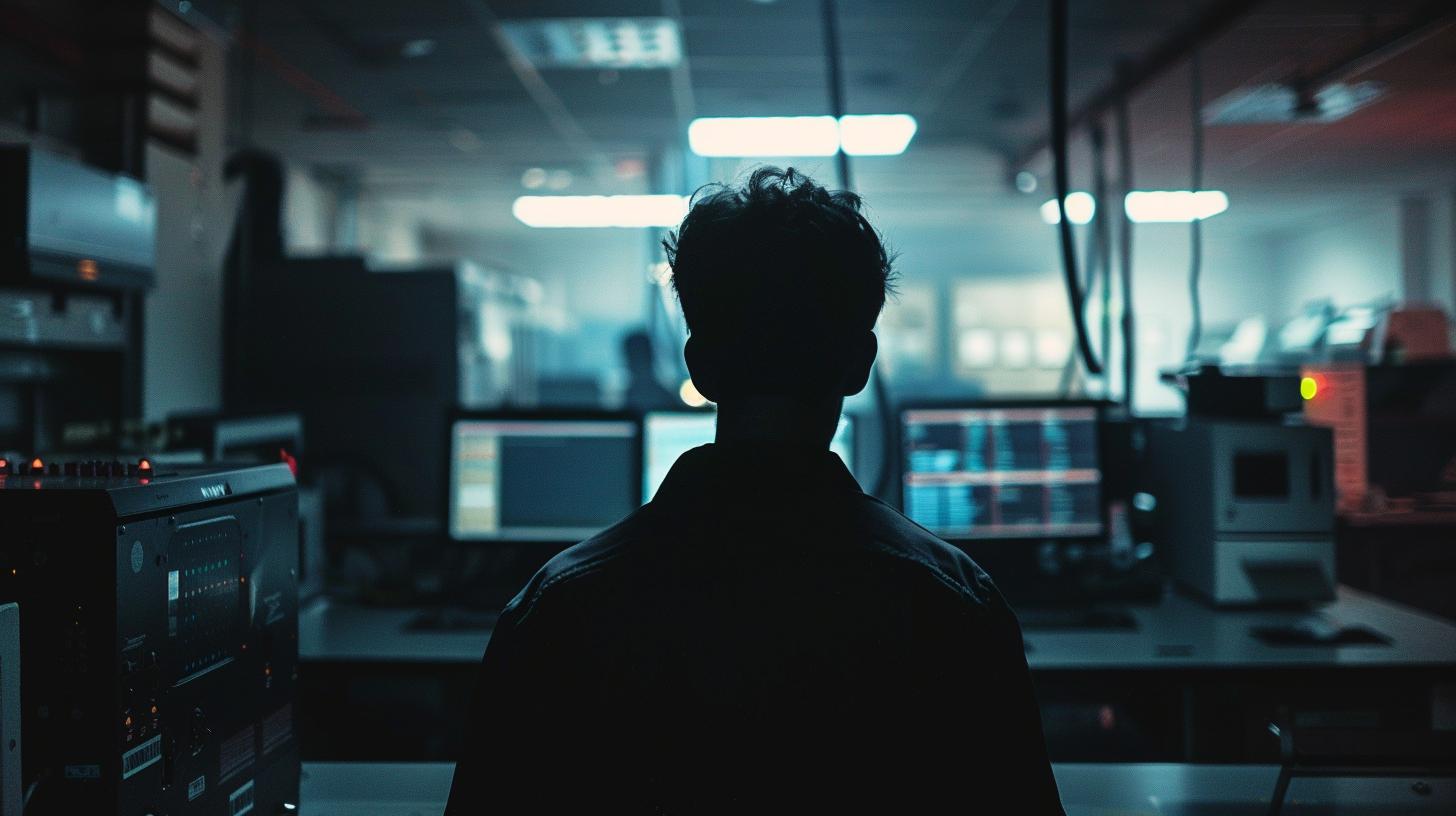 Silhouette of a person in a dark server room with illuminated computer screens