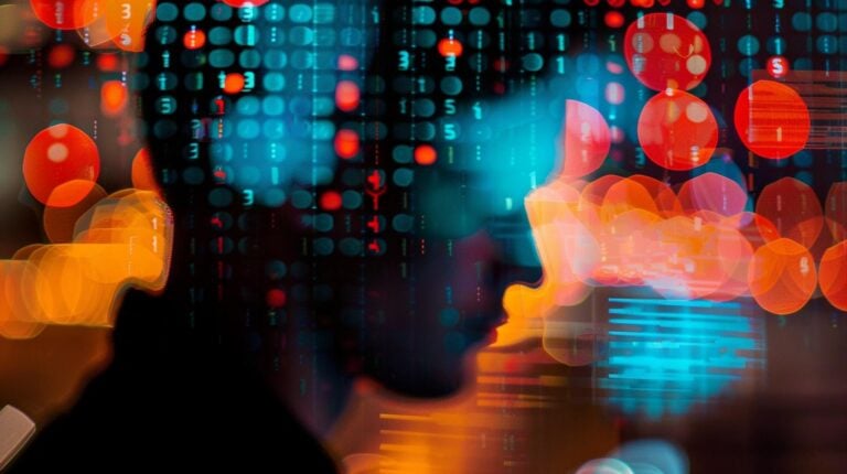 Abstract image of silhouette with digital technology and data visualization overlays indicating cyber security, data analysis, or financial technology concepts.