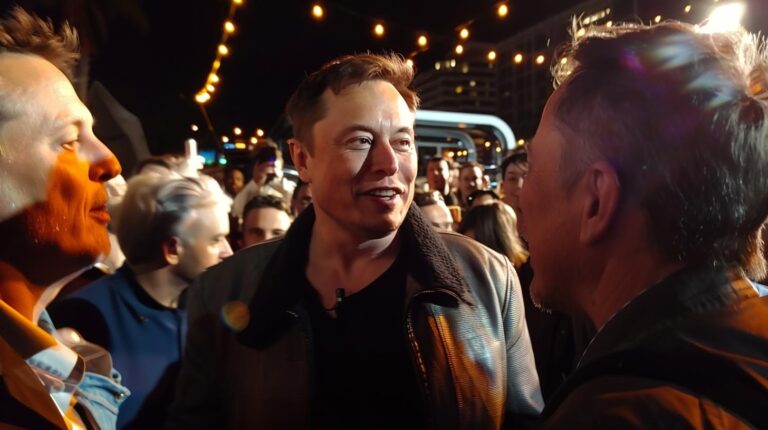 Smiling man at a night event with string lights in the background surrounded by a crowd.