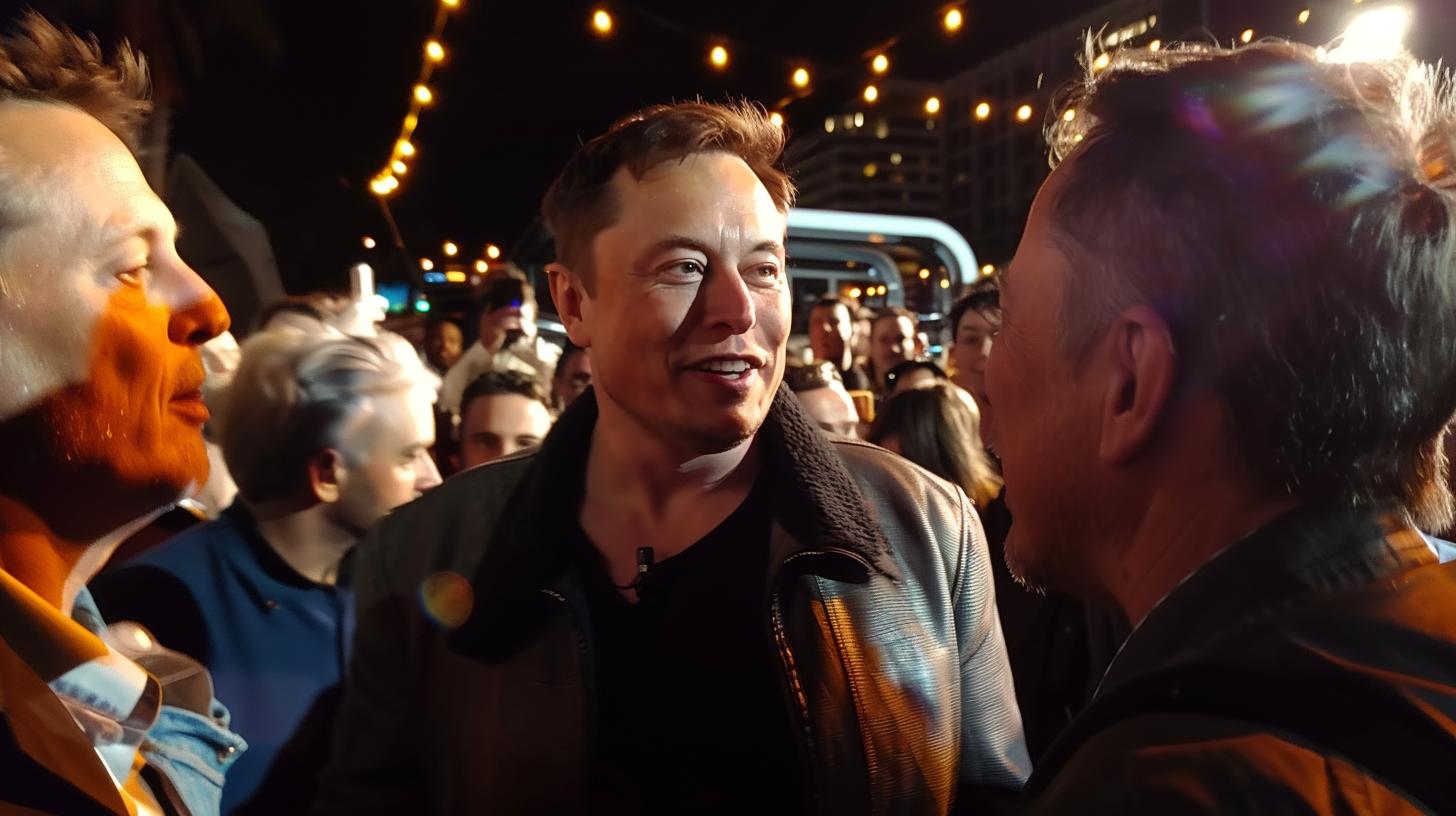 Smiling man at a night event with string lights in the background surrounded by a crowd.