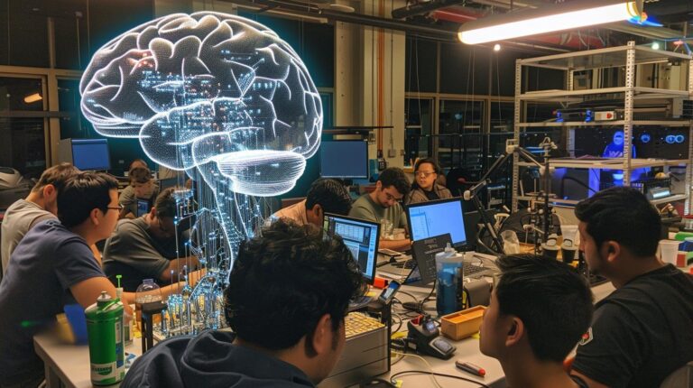 Team of people working in a high-tech lab with a holographic brain projection in the foreground.