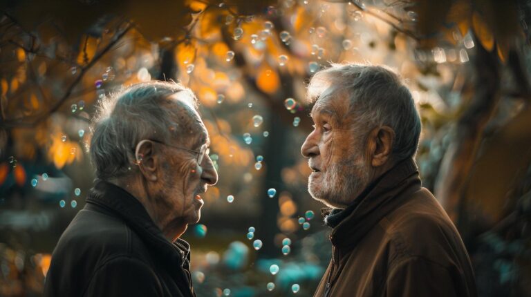 Two elderly men conversing amidst autumn leaves with sunlit bokeh background.