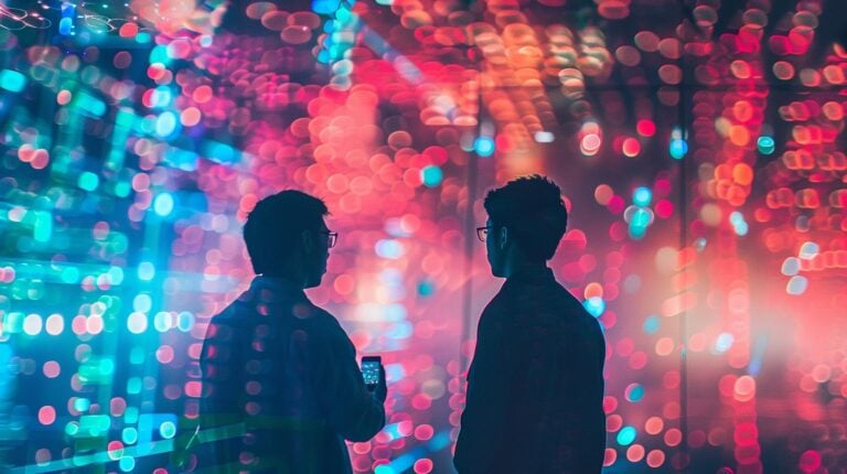 Two people standing in front of a vibrant and colorful light display at night.