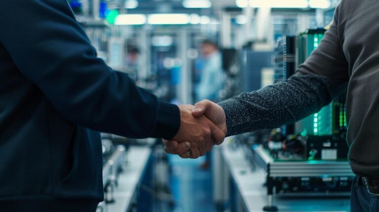 Two professionals shaking hands in a high-tech manufacturing facility.