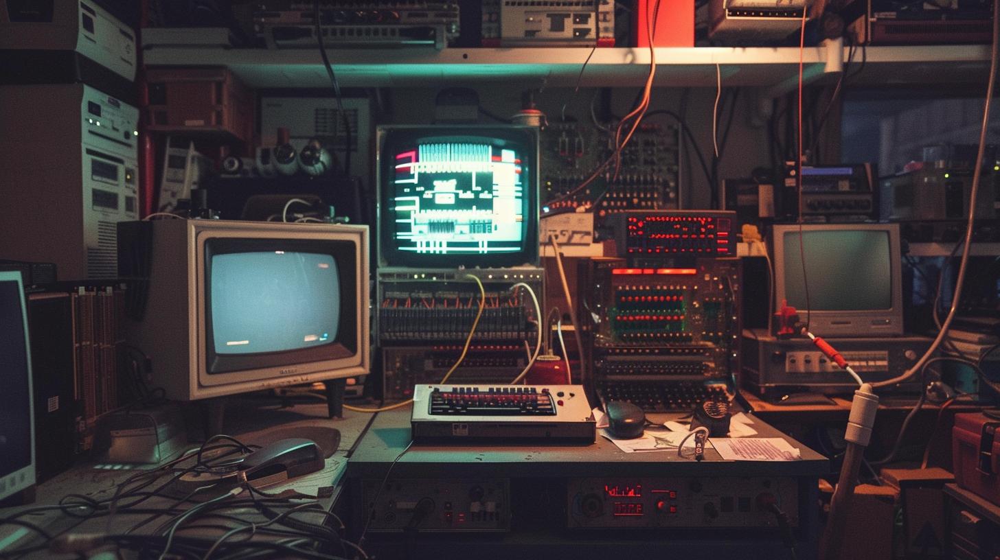 Vintage electronics lab with retro computers and oscilloscopes displaying patterns and waveforms.