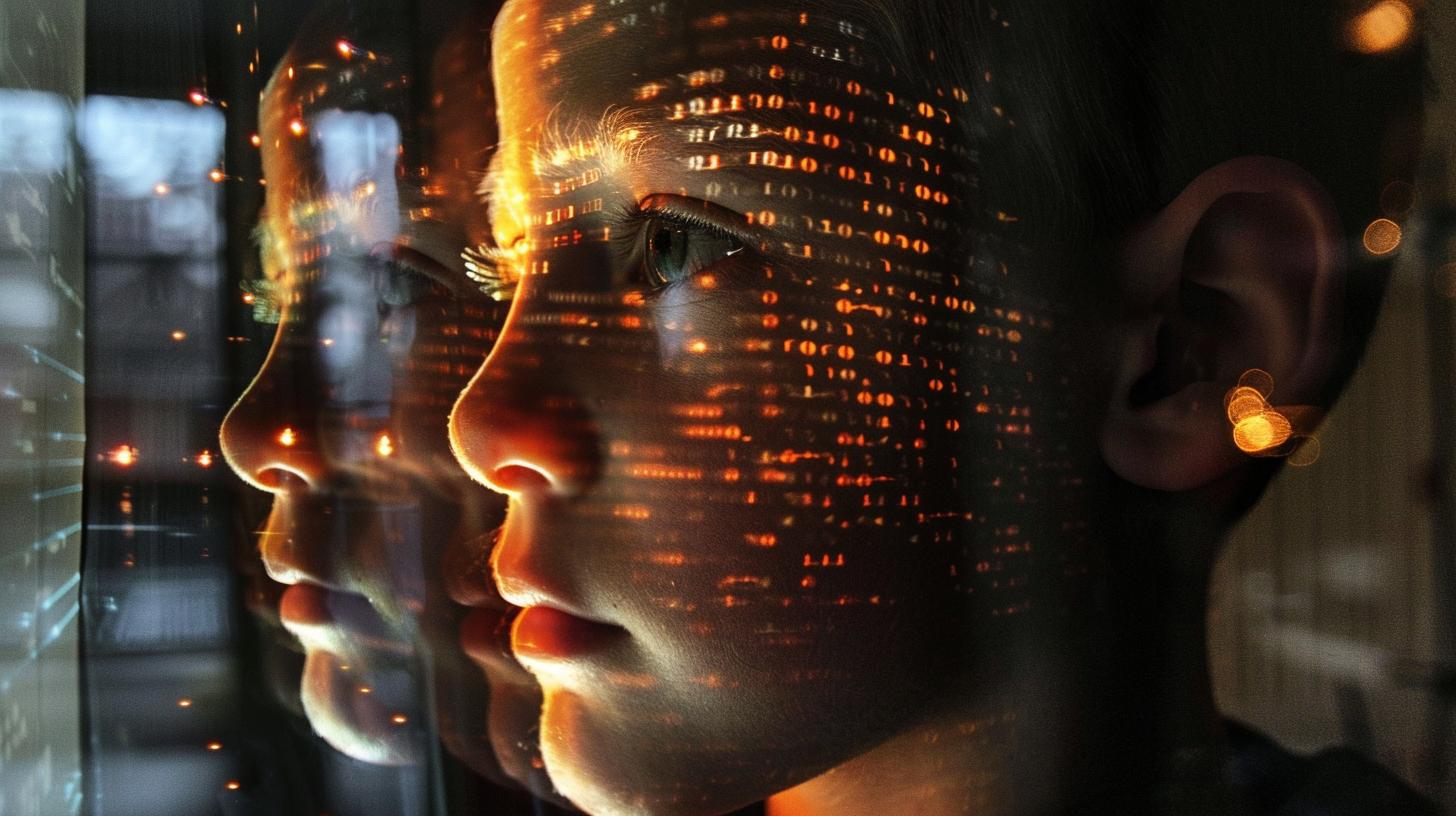 Woman's face illuminated by orange digital binary code projections with reflections in window glass