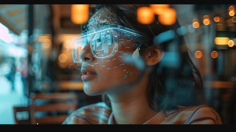 Woman wearing augmented reality glasses with futuristic interface graphics overlay, indoors with blurred background lights.