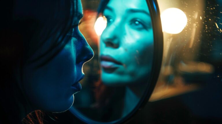 Woman reflecting in side mirror of car with raindrops and bokeh lights at night