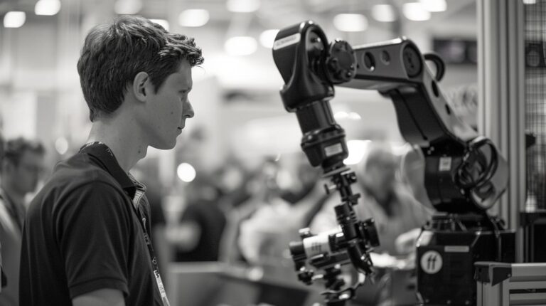 Young person observing a robotic arm in an industrial technology expo, monochrome photo