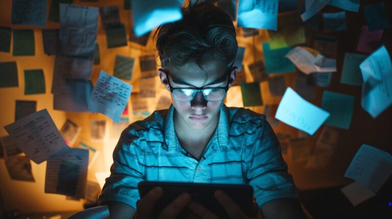 Young person using a tablet surrounded by sticky notes in a dimly lit room.