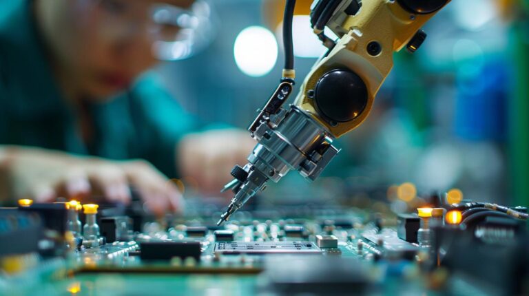 Automation robot arm working in electronic manufacturing line with engineer technician overseeing process