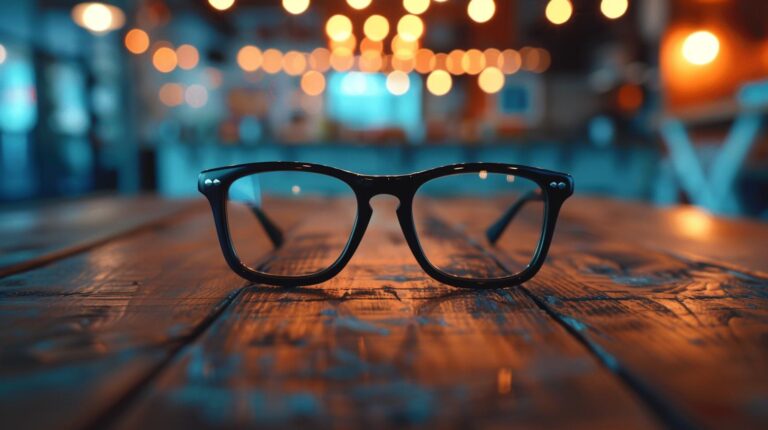 Black eyeglasses on wooden table with blurry lights in background.