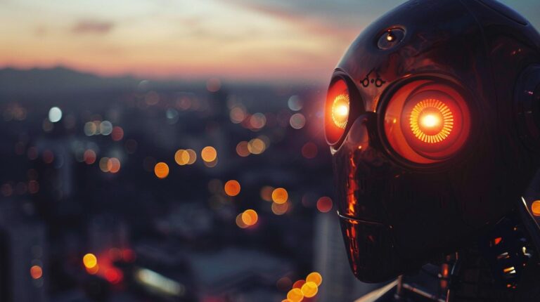 Black robot head with glowing orange eyes against a blurred cityscape at twilight.