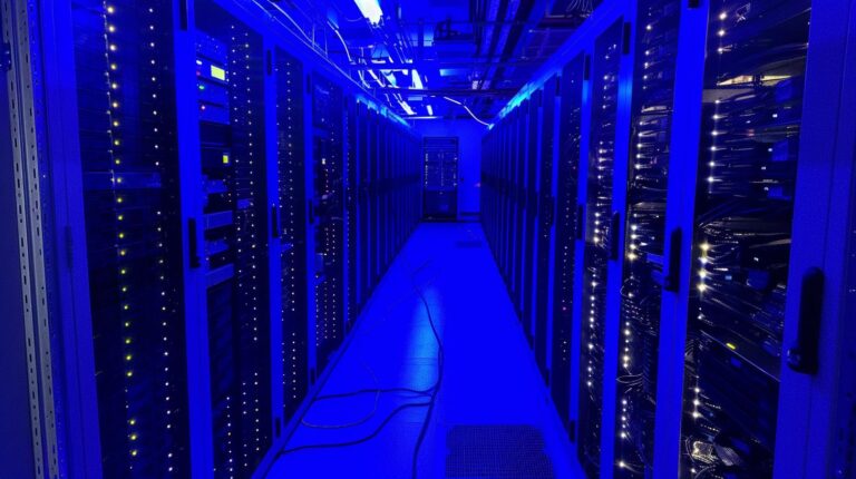 Blue illuminated data center with rows of server racks for technology and hosting background
