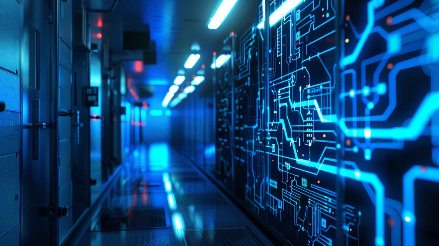 Blue neon lights in server room corridor with futuristic circuit wall design