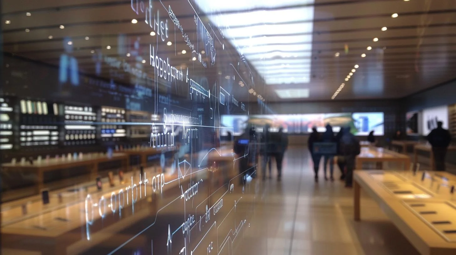 Blurry interior of a modern tech store with digital schematic overlays and customers browsing products