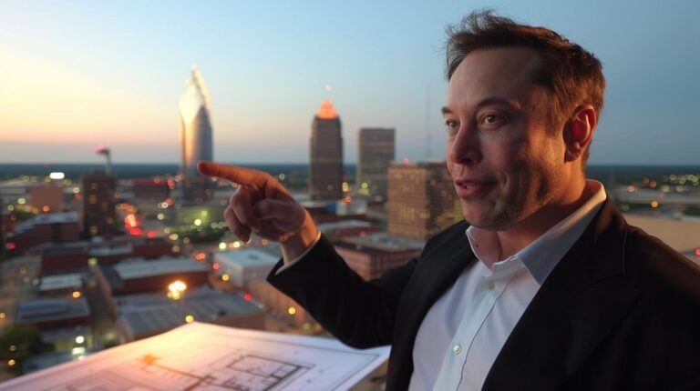 Businessman pointing towards city skyline at dusk